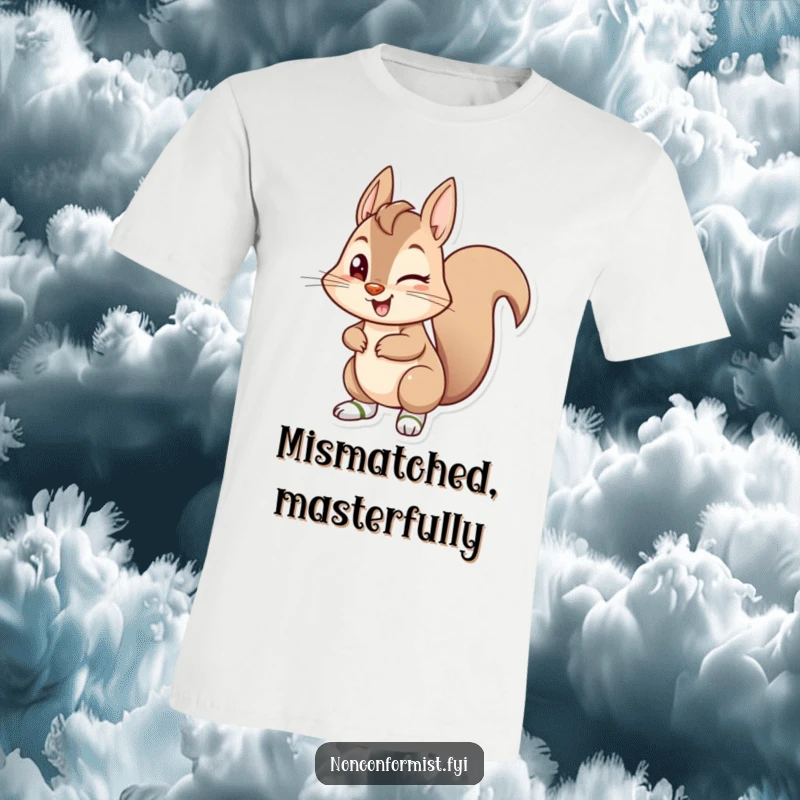 A funny, mischievous squirrel winks while wearing mismatched socks on this comfortable and humorous graphic t-shirt.