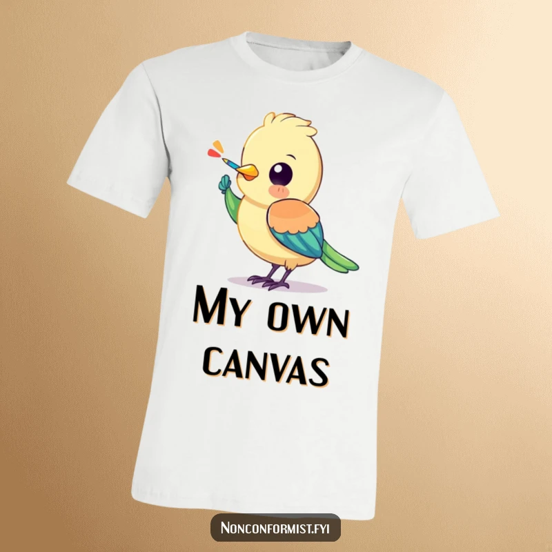 Funny bird t-shirt showing a colorful character painting a stripe onto its own wing, celebrating creative individuality.