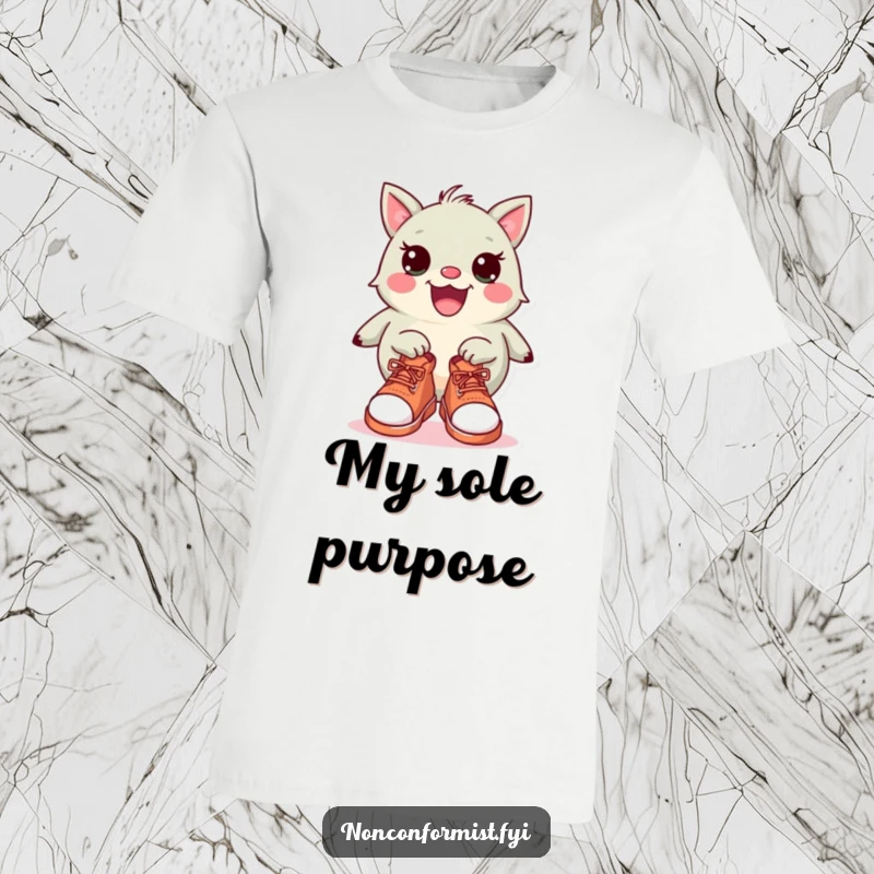 Funny T-Shirt: A charmingly odd creature proudly displaying a mismatched pair of shoes, one boot and one sneaker, on its feet.