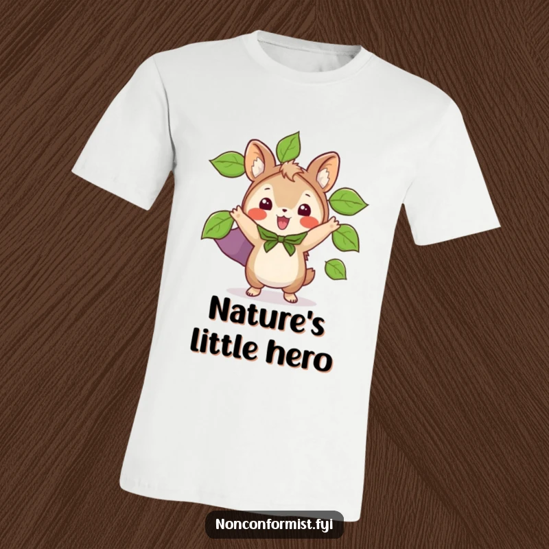 Funny t-shirt featuring a small animal character wearing a cape made of leaves, striking a heroic pose with excitement.