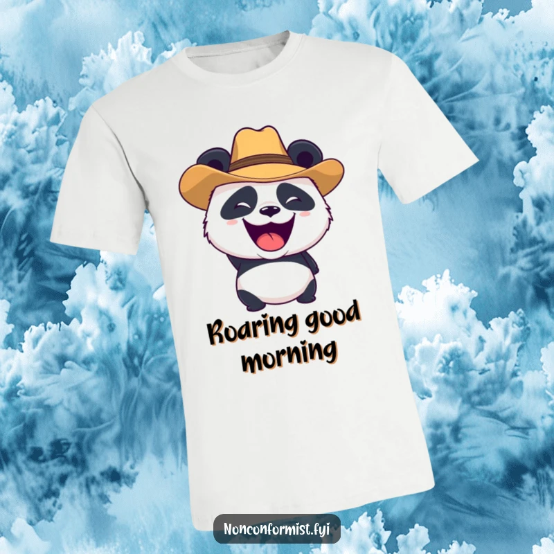 Funny panda character in a cowboy hat, playfully roaring on a T-shirt, perfect for fans of funny animal tees and gifts.