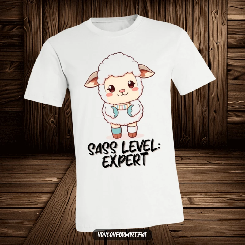 Funny T-Shirt of a cute sheep striking a sassy pose, proudly displaying mismatched socks, symbolizing playful rebellion.