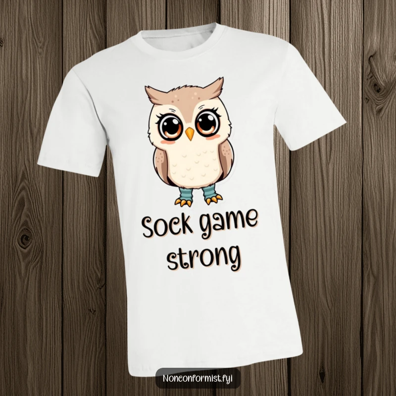 Funny owl t-shirt featuring a cute owl wearing mismatched socks and a questioning expression.