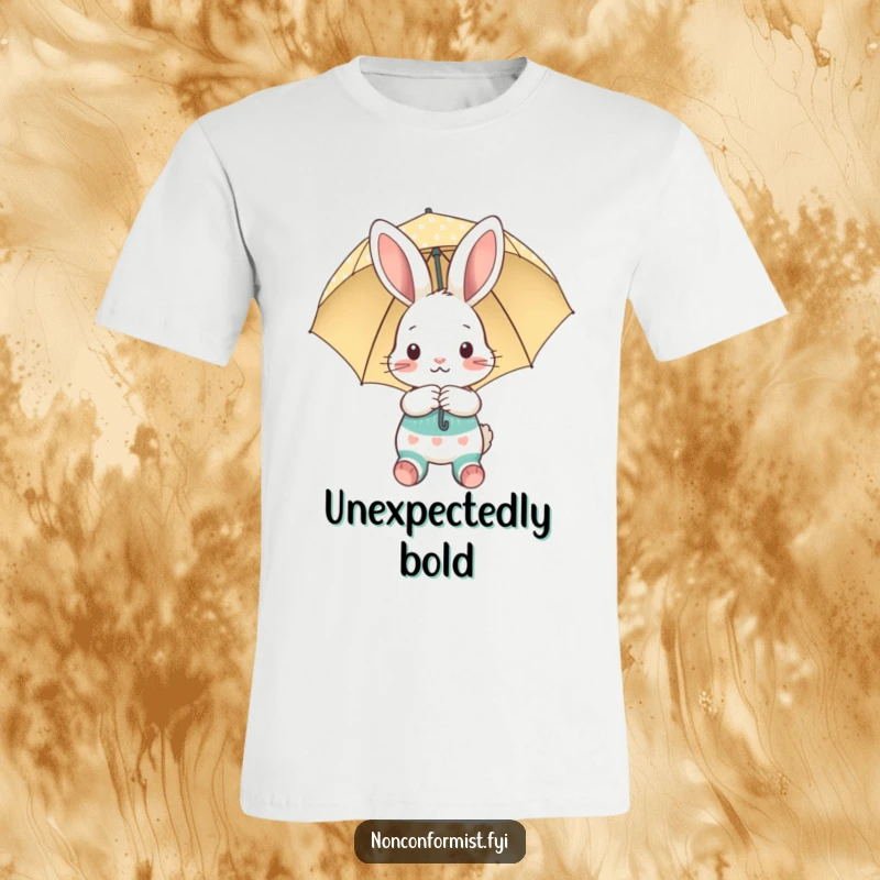 Funny t-shirt showing a shy bunny with mismatched socks hiding behind a polka-dot umbrella, a delightful funny gift.