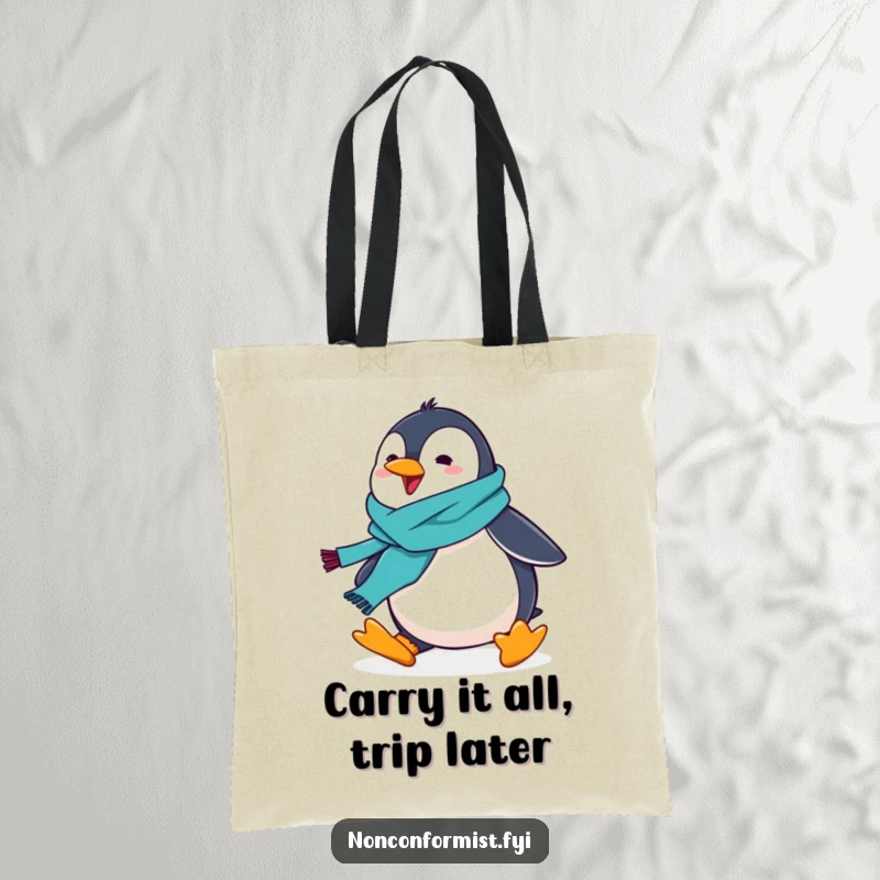 Fashionable tote bag featuring a funny penguin with a mismatched scarf hilariously tripping.