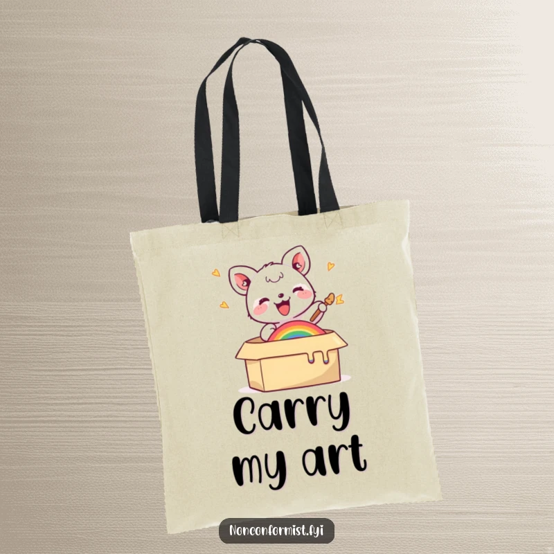 Funny tote bag with a small animal joyfully painting a rainbow inside a box, perfect for carrying essentials with artistic flair.