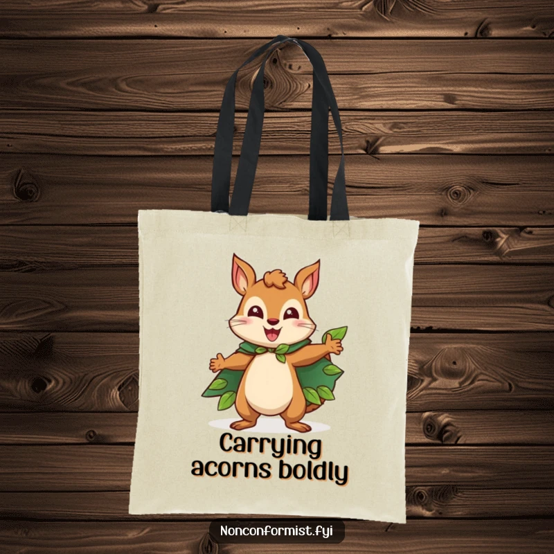 Funny Squirrel Tote Bag with a happy squirrel character wearing a leaf cape and striking a heroic pose, a humorous and practical accessory.