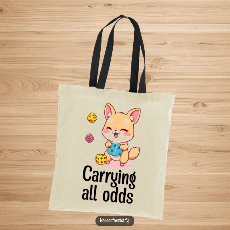 Funny animal character, winking and juggling dice, printed on a durable tote bag for cheerful carrying.