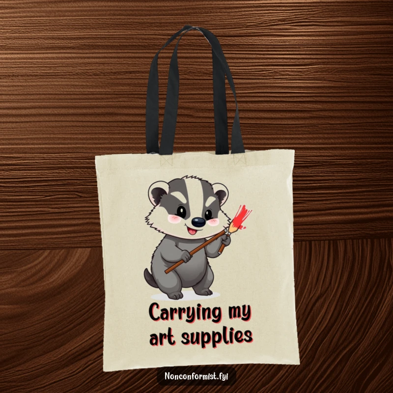 Funny Tote Bag showing a happy badger painting a bright red stripe onto its grey fur, perfect for carrying art supplies.