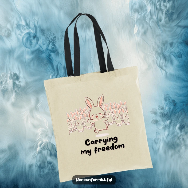 Funny rabbit tote bag with a joyful rabbit hopping away from a flock.