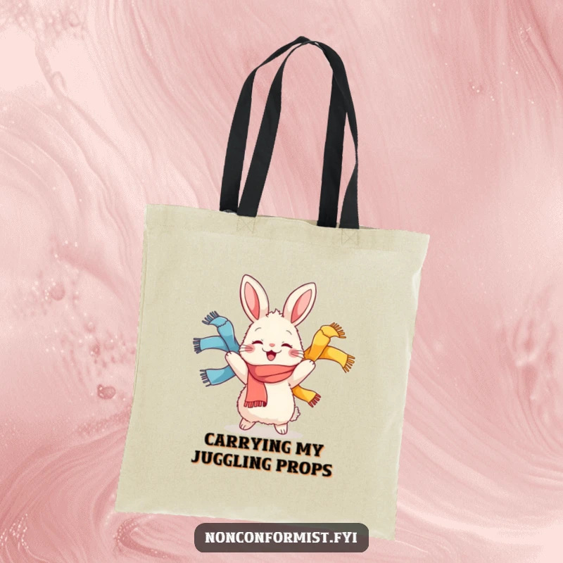 Funny tote bag featuring a fluffy rabbit character joyfully juggling three colorful scarves, perfect for carrying essentials with personality.