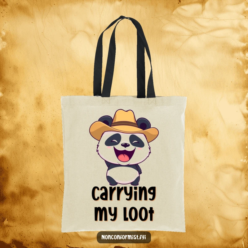 Funny panda character in a cowboy hat, roaring playfully on a tote bag, a humorous and practical funny gift.