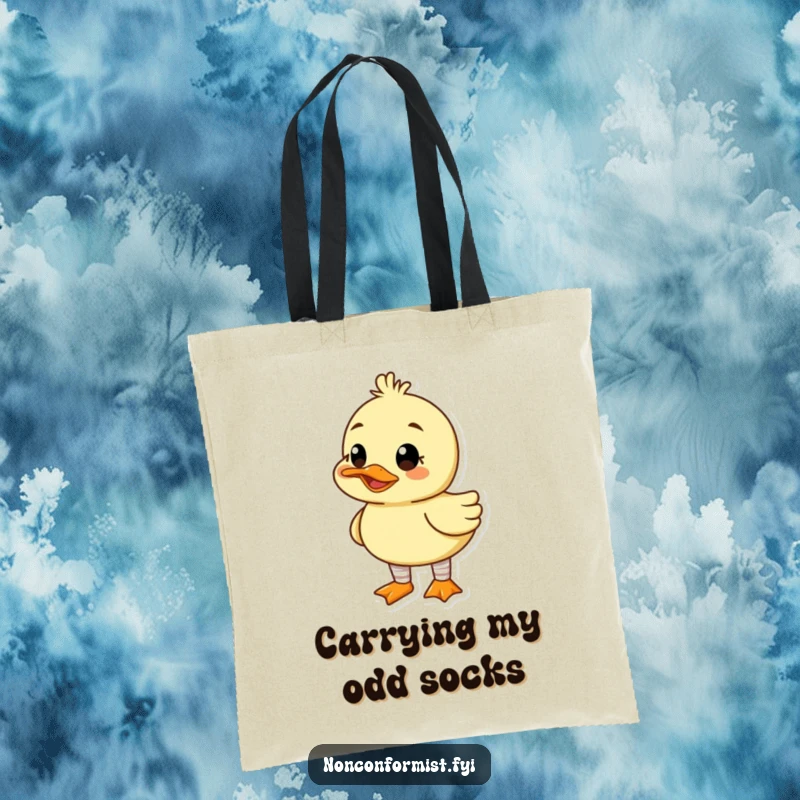 Funny tote bag featuring a cute duck character wearing mismatched socks and a goofy grin, perfect for carrying essentials with personality.