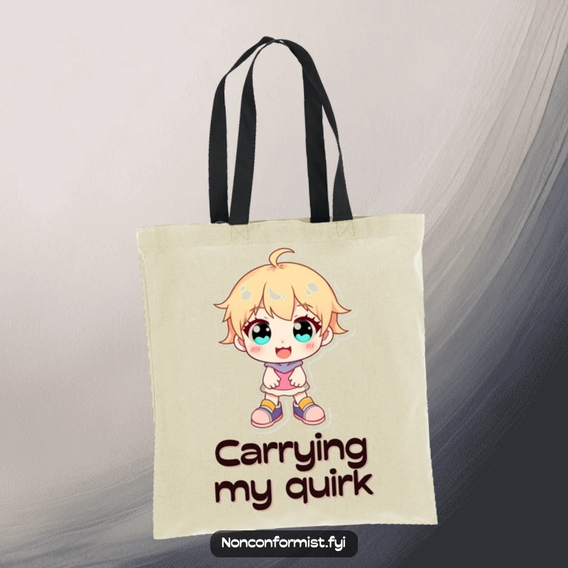 Funny smiling character with bright eyes and distinctly mismatched shoes featured on a durable, fashionable tote bag.
