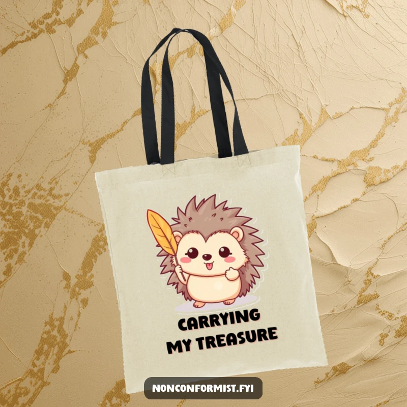 Funny tote bag featuring a cheerful hedgehog proudly holding a single, brightly colored feather, perfect for everyday use.