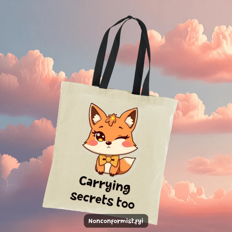 Funny fox tote bag featuring a winking fox with a slightly crooked bow tie.