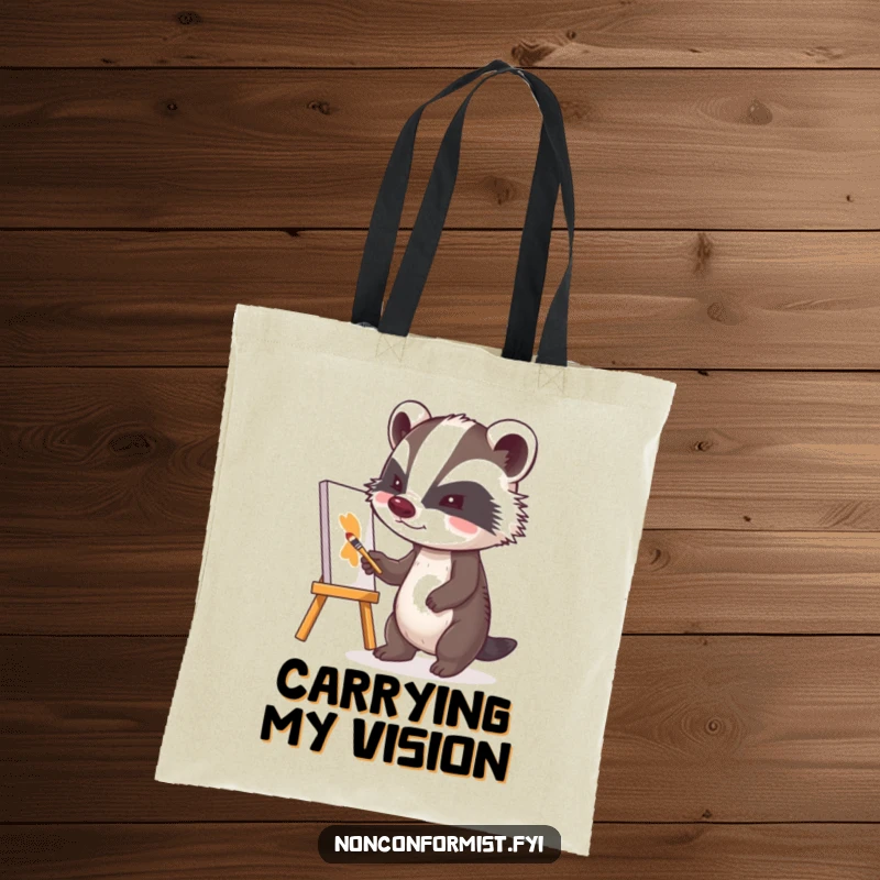 Funny badger painting a crooked canvas with intense focus, depicted on a durable tote bag for artistic souls.