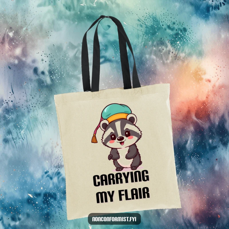 Funny badger tote bag featuring an enthusiastic badger wearing a bright and quirky hat.