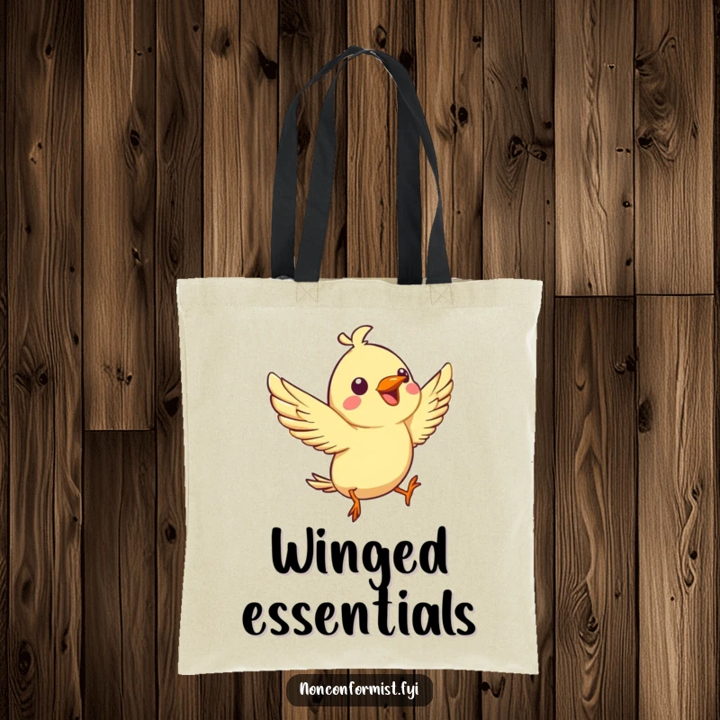 Funny tote bag with a spirited bird character joyfully chirping and performing an aerial flip, a cheerful and practical accessory.