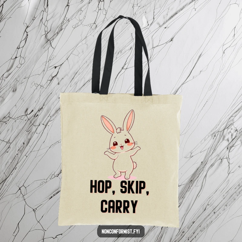Funny tote bag with a cute bunny doing a silly dance with mismatched ears, perfect for carrying items with cheerful energy.