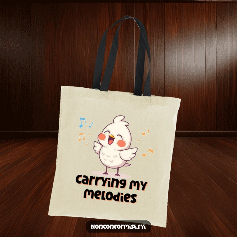 Funny Cute Bird Tote Bag: Features a cute bird character singing with a quirky rhythm, ideal for carrying items with musical humor.