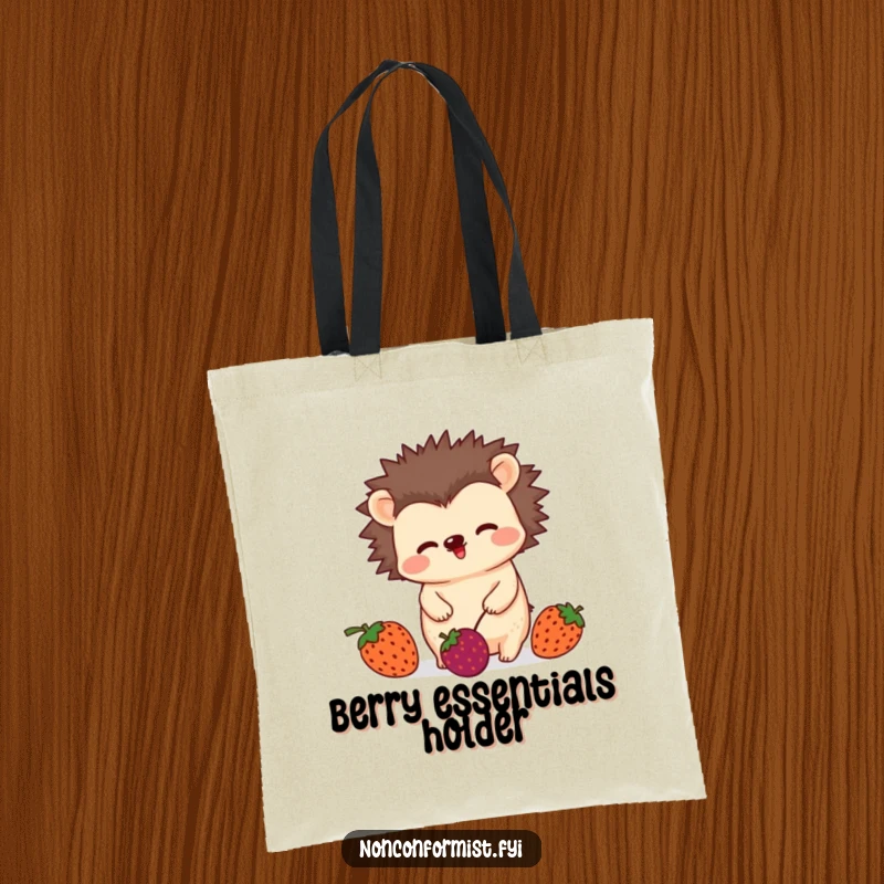 Funny tote bag with an unconventional hedgehog character playfully wiggling while juggling three mismatched berries, a charming and practical accessory.