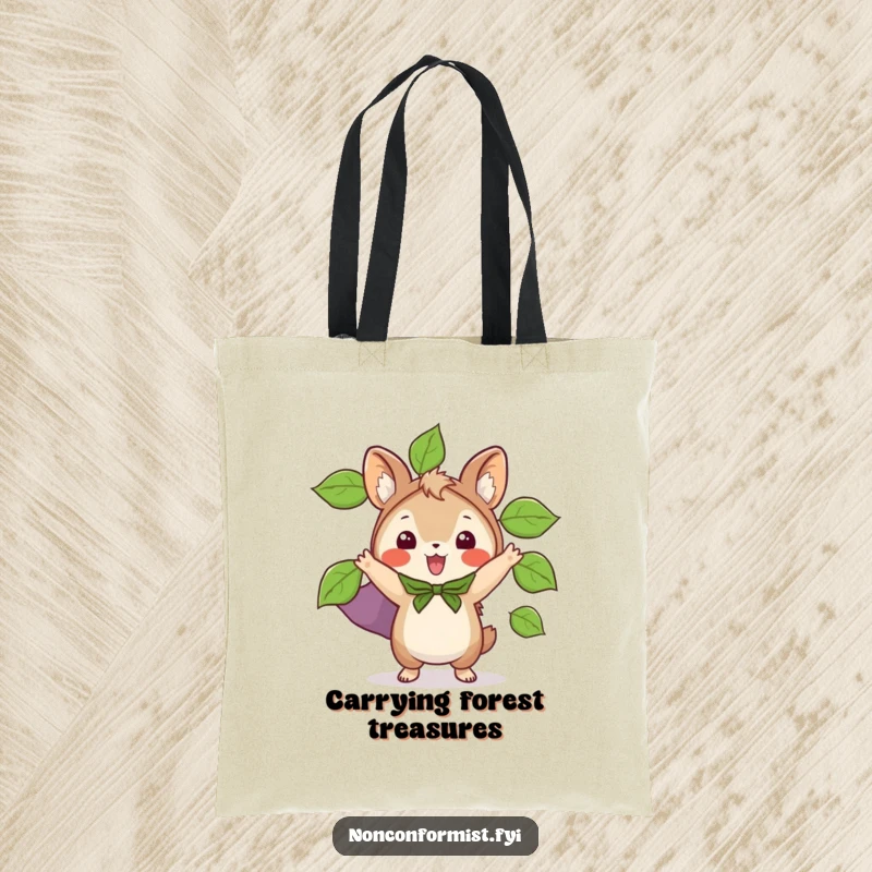Funny tote bag showcasing a small animal character excitedly wearing a vibrant cape made of leaves, ready for outdoor journeys.