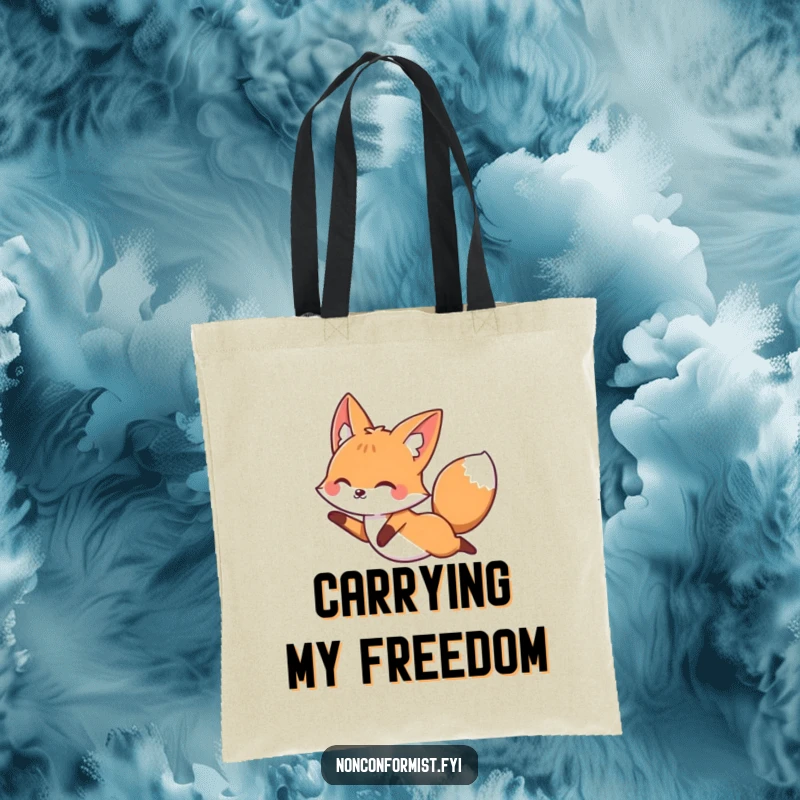 Funny fox joyfully leaping over a perfectly straight line on a tote bag, embodying liberation and fun.