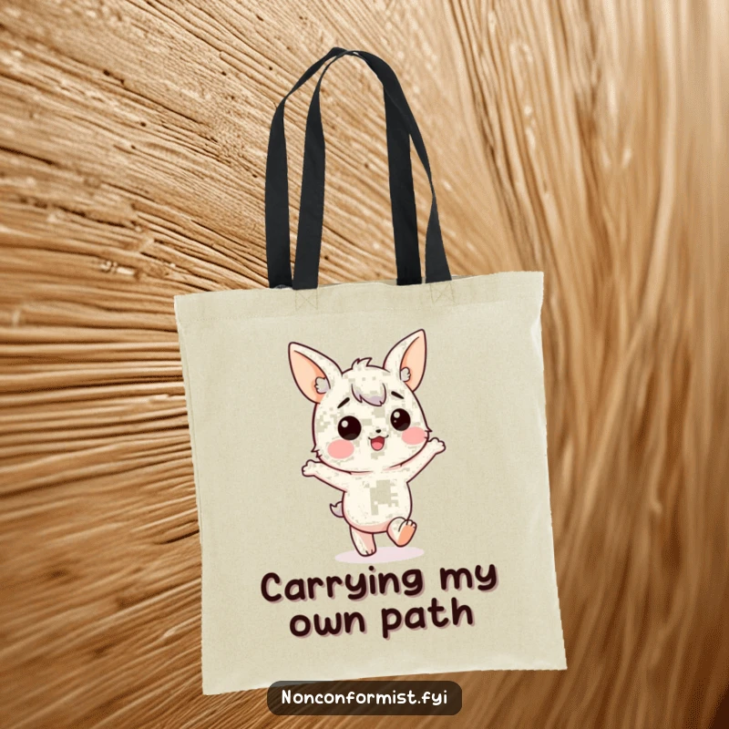 Funny Tote Bag: Character with mismatched ears, marching happily in the wrong direction, a humorous accessory for carrying goods.