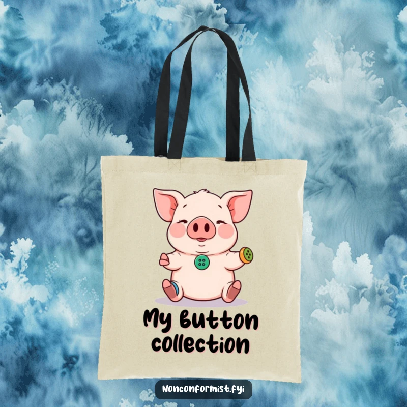Funny Pig Tote Bag: A pig juggles tiny mismatched buttons, a humorous and practical funny gift for everyday use.