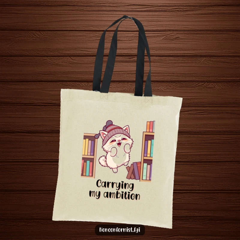 Funny tote bag showcasing a fluffy cat with a propeller beanie attempting flight, a practical and funny gift.