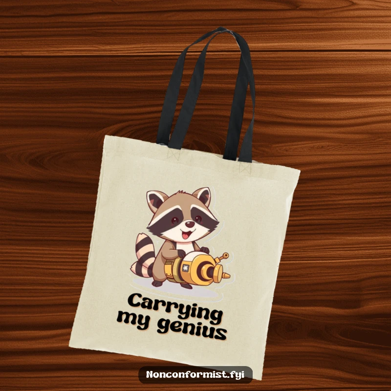 Funny raccoon character on a tote bag, busily constructing an elaborate and unusual contraption, symbolizing creative hustle.