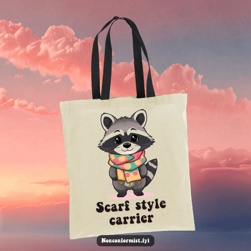 Funny tote bag with a standout raccoon character tilting curiously, wearing a brightly patterned handmade scarf, a stylish and practical accessory.