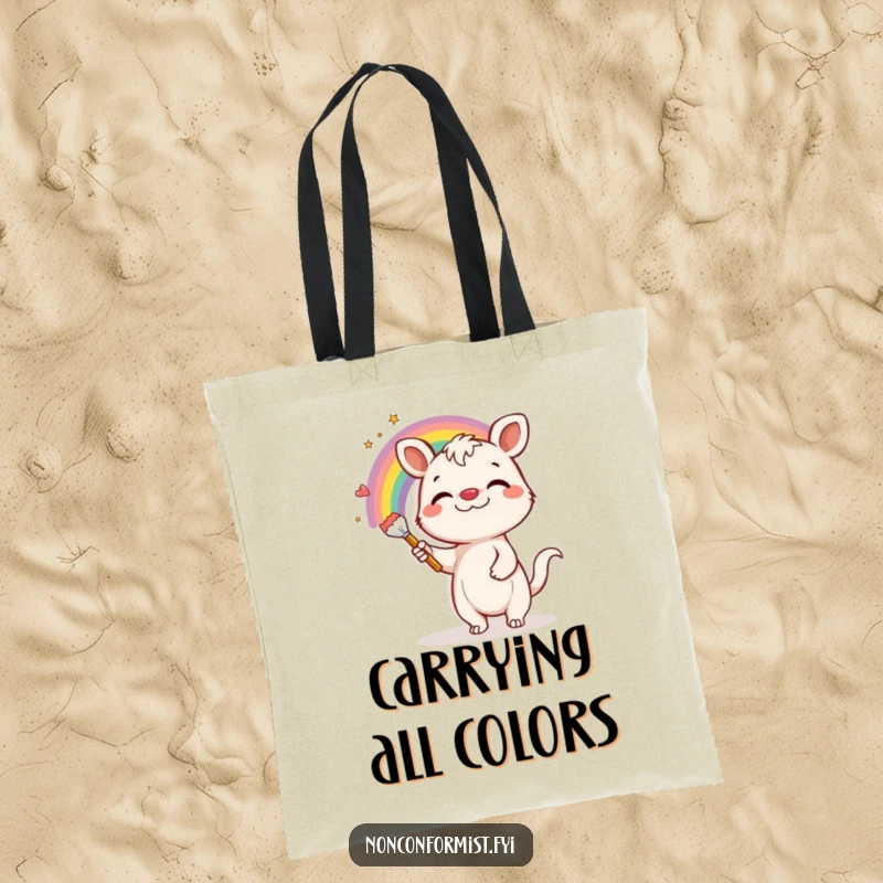 Funny Tote Bag: Playful animal with a wide grin attempts to paint a magnificent rainbow on a plain grey wall.