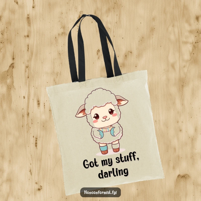 Funny Tote Bag with a cute sheep in a sassy pose, wearing mismatched socks, great for carrying items with flair.