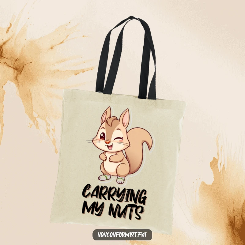 Funny mischievous squirrel winking and wearing mismatched socks on a practical and charming tote bag.
