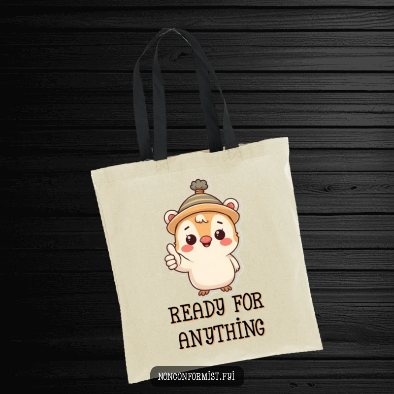 Funny tote bag with a little creature in a quirky hat confidently flashing a thumbs-up sign, perfect for carrying essentials.